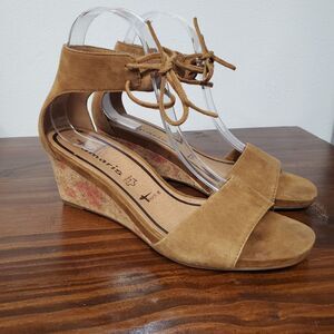 Tamaris Shoes Wedge Sandal Leather Cork Womens 7.5 Lace Up Boho Floral Casual